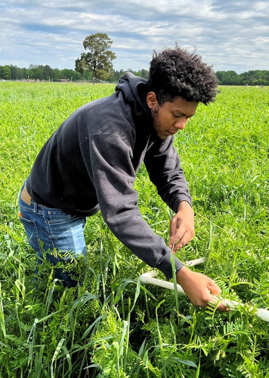 Cover crop planting at VSU's Randolph Farm, featuring former student Michael Ibarra-Bautista