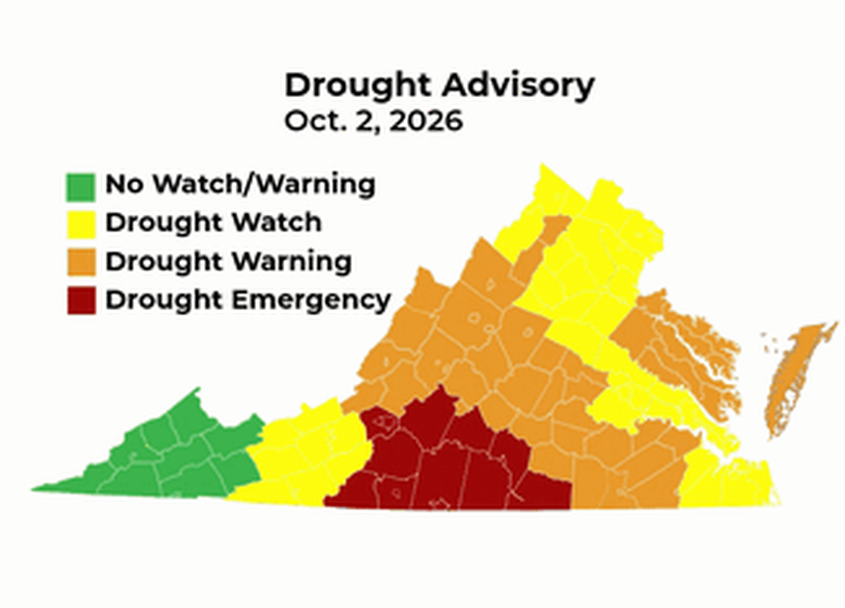 Virginia drought advisory map, October 2, 2026, showing drought watch, warning, and emergency regions